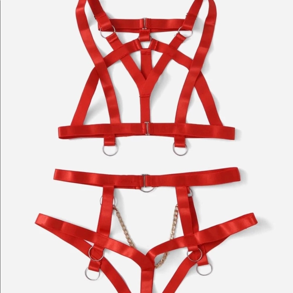 ❤️ Red harness fetish strap lingerie set -Shein